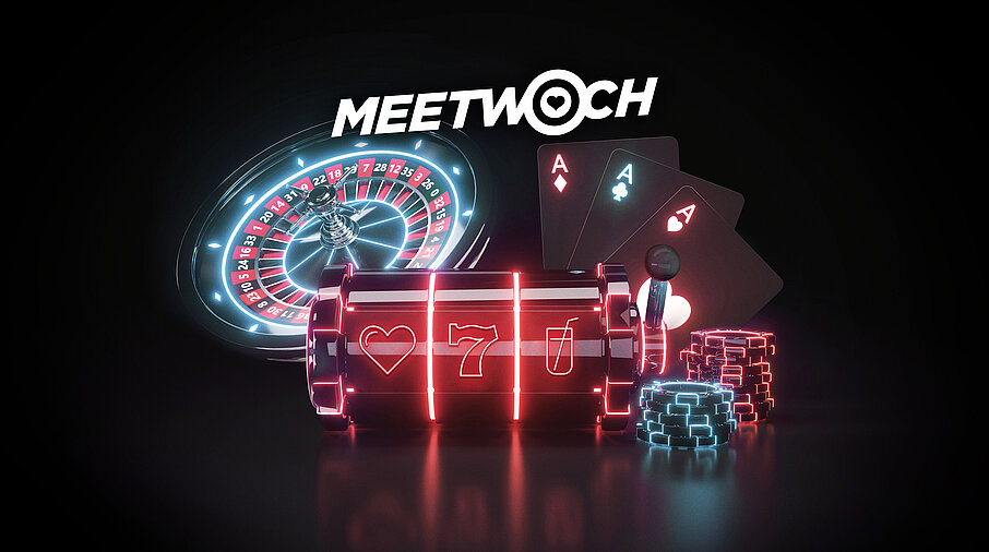 Meetwoch Schriftzug Roulette-Kessel, Slot-Walze, Spielkarten und Jetons mit Leucht-Effekt auf dunklem Hintergrund