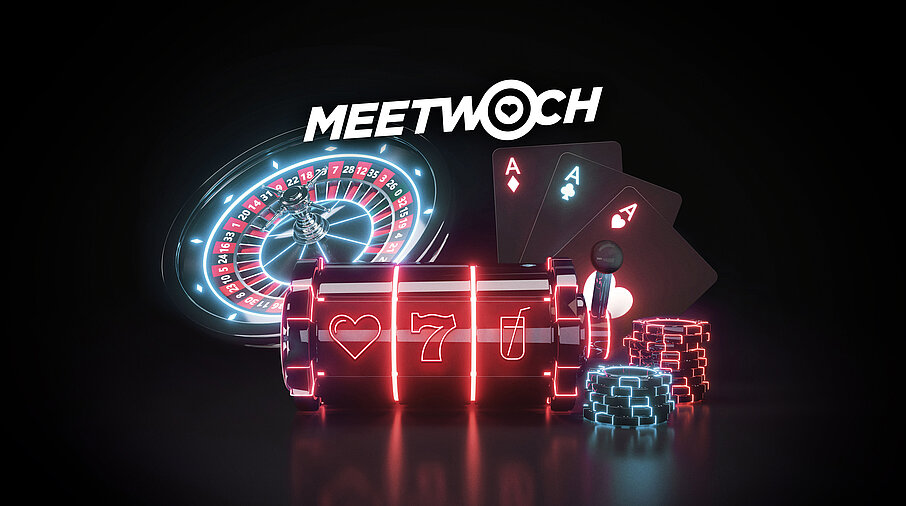 Meetwoch Schriftzug Roulette-Kessel, Slot-Walze, Spielkarten und Jetons mit Leucht-Effekt auf dunklem Hintergrund
