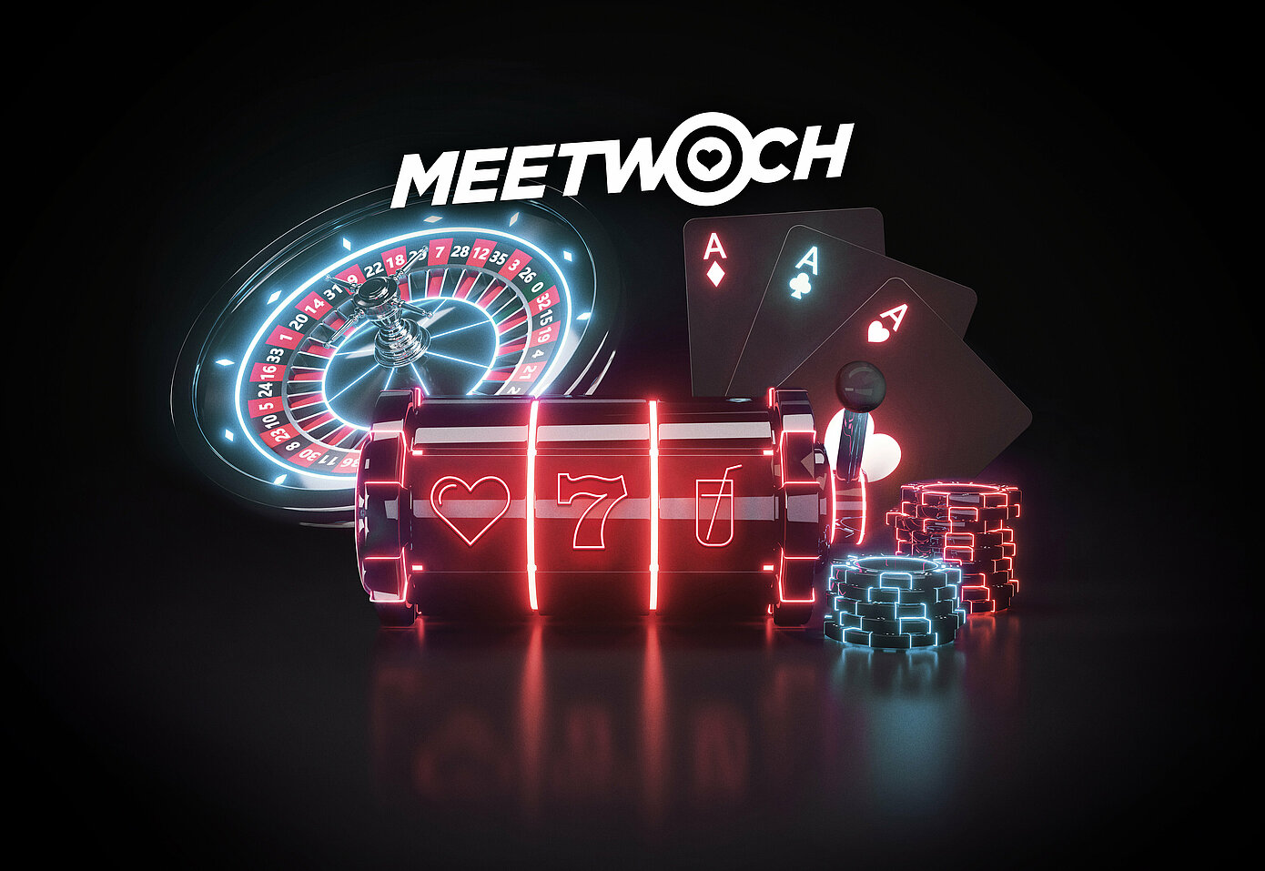 Meetwoch Schriftzug Roulette-Kessel, Slot-Walze, Spielkarten und Jetons mit Leucht-Effekt auf dunklem Hintergrund