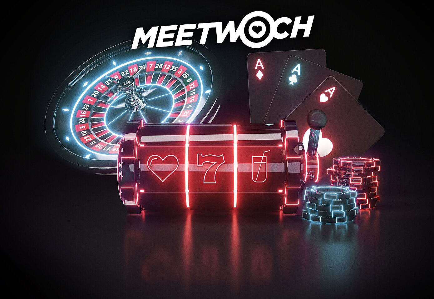 Meetwoch Schriftzug Roulette-Kessel, Slot-Walze, Spielkarten und Jetons mit Leucht-Effekt auf dunklem Hintergrund