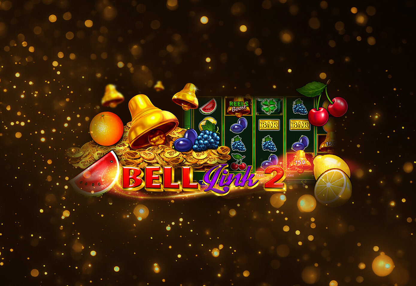Bell Link 2 Spielautomaten mit goldenen Glocken und Münzen, Frucht-Symbolen auf blurring Hintergrund