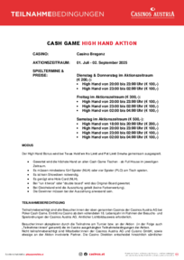 Cash Game High Hand Aktion Casino Bregenz Juli und August 2025 
