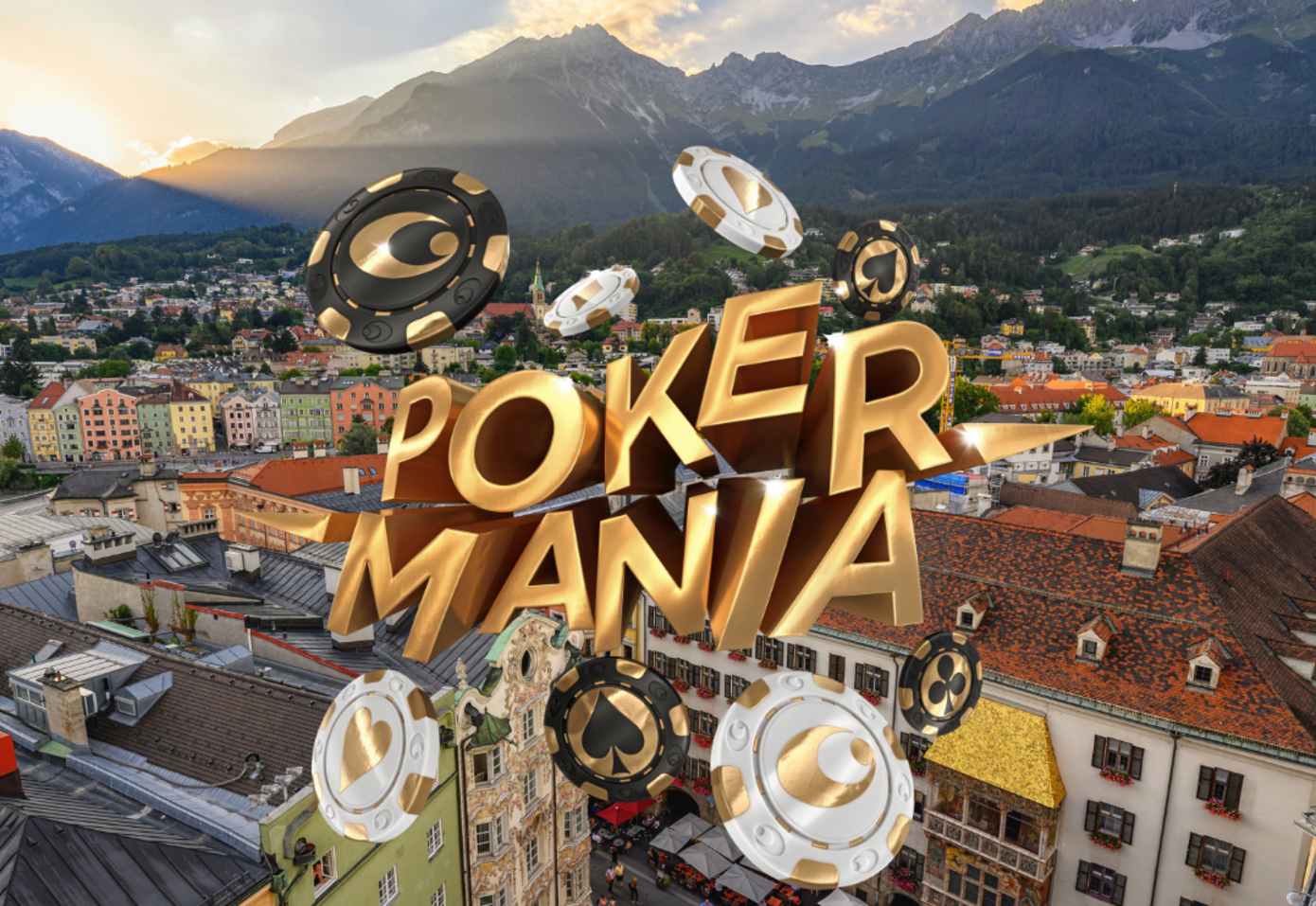 Pokermania Logo, Innsbruck, Stadt, Goldenes Dachl, Berge, Sommer