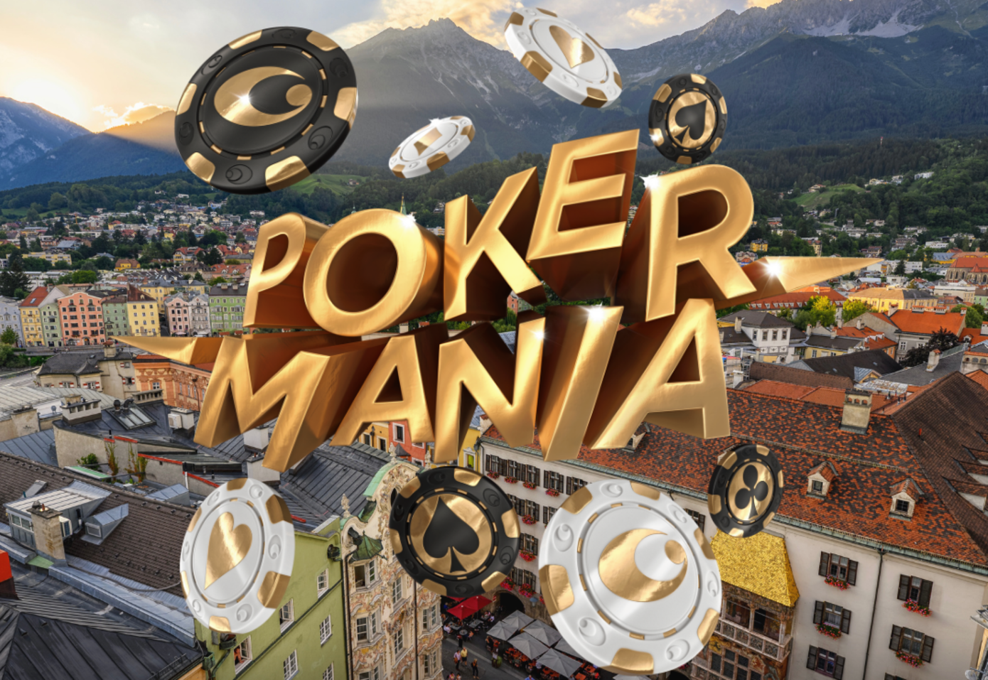 Pokermania Logo, Innsbruck, Stadt, Goldenes Dachl, Berge, Sommer