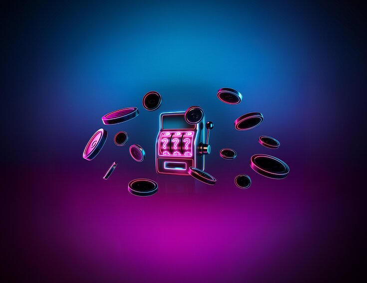 Spielautomat mit fliegenden Münzen blau und neon-pink Mystery Jackpot Sujet