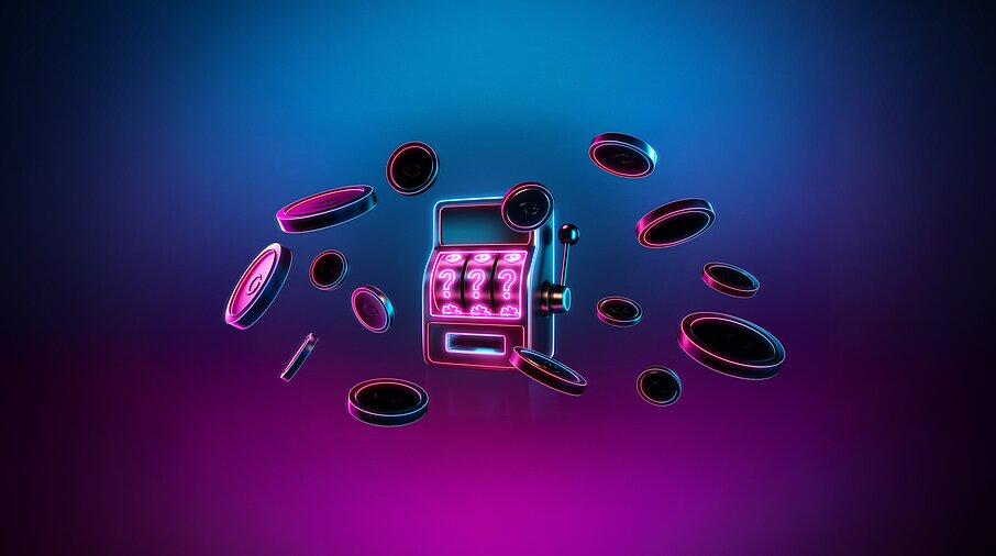 Spielautomat mit fliegenden Münzen blau und neon-pink Mystery Jackpot Sujet