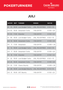 Poker Turnierplan Juli Casino Bregenz 
