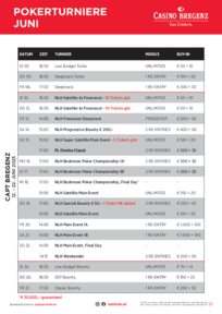 Pokerturnierplan Casino Bregenz Juni 