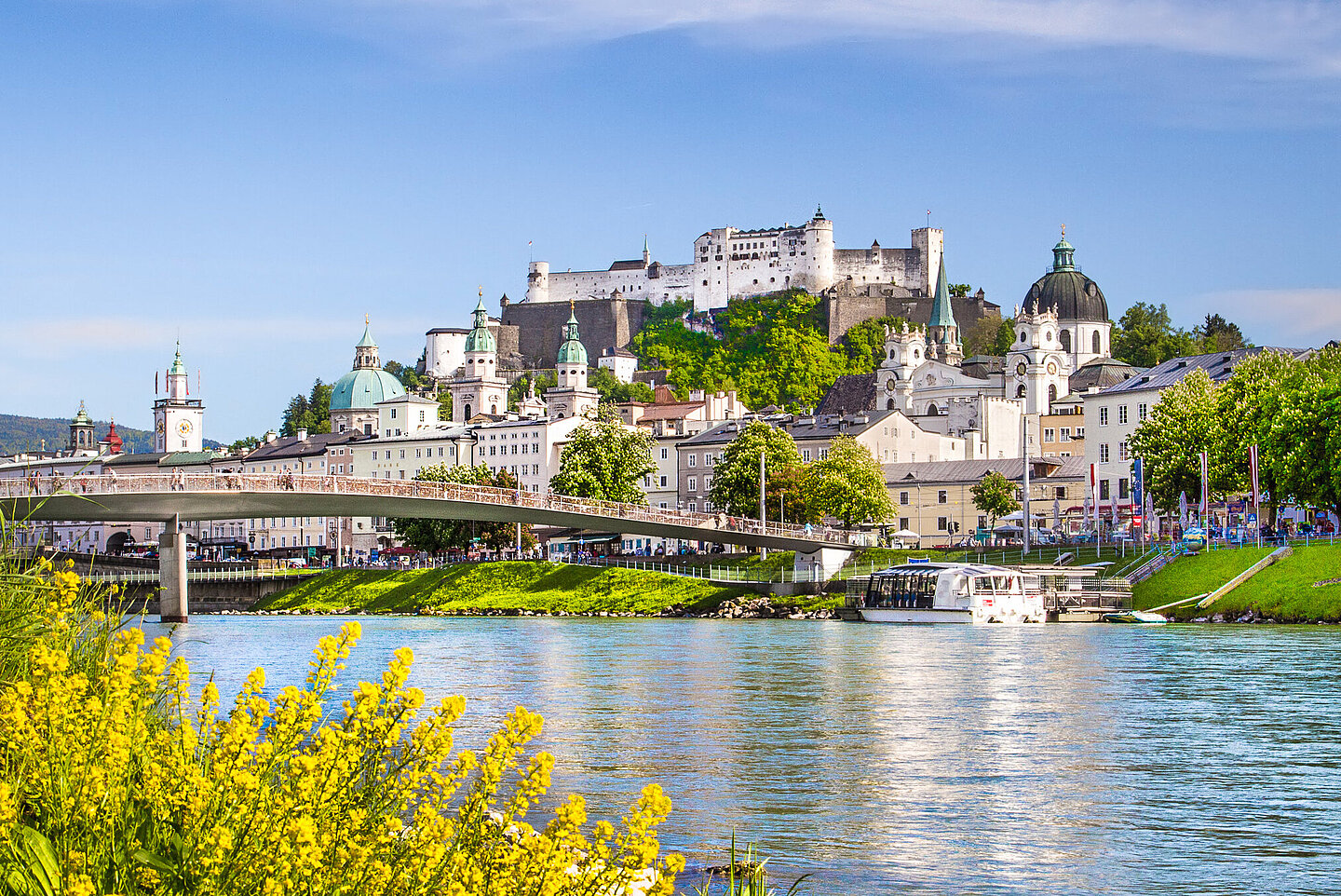 Salzburg Stadt Blick auf Festung Hohensalzburg und Salzach bei Tag