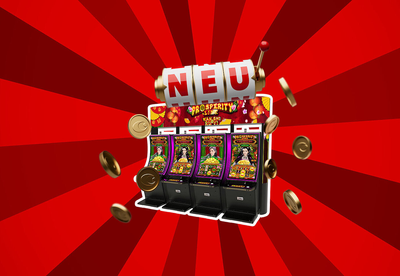 NEU Prosperity Link IGT Spielautomaten auf rotem Hintergrund