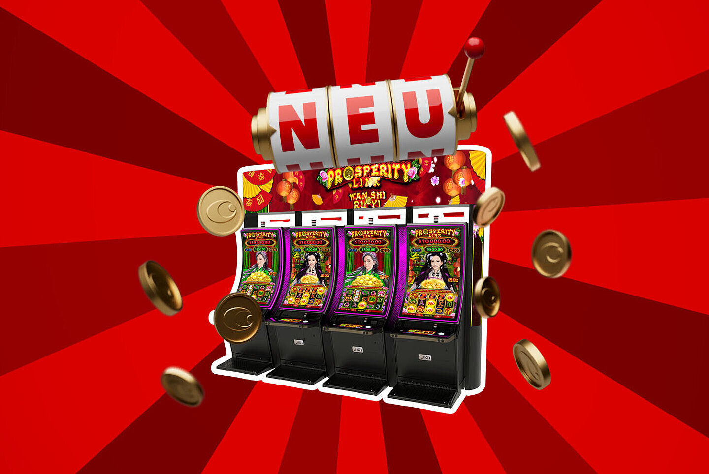 NEU Prosperity Link IGT Spielautomaten auf rotem Hintergrund