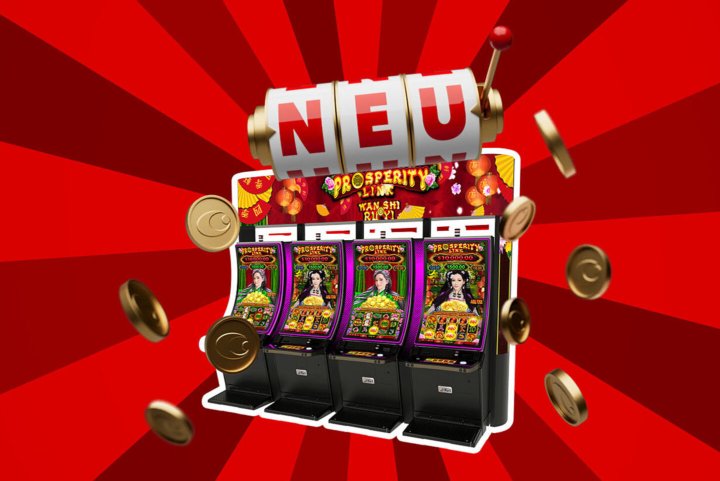 NEU Prosperity Link IGT Spielautomaten auf rotem Hintergrund