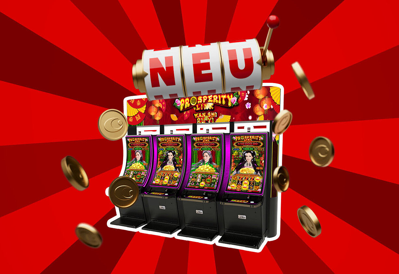 NEU Prosperity Link IGT Spielautomaten auf rotem Hintergrund