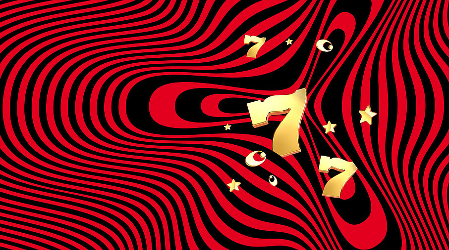 Goldene Zahl 7 auf schwarz-rotem Hintergrund