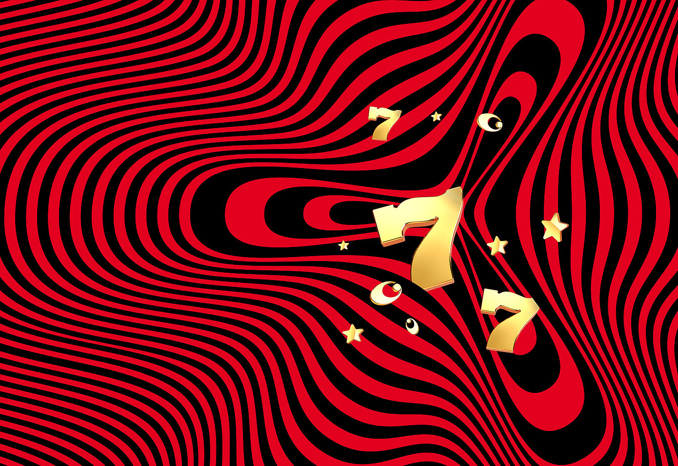 Goldene Zahl 7 auf schwarz-rotem Hintergrund