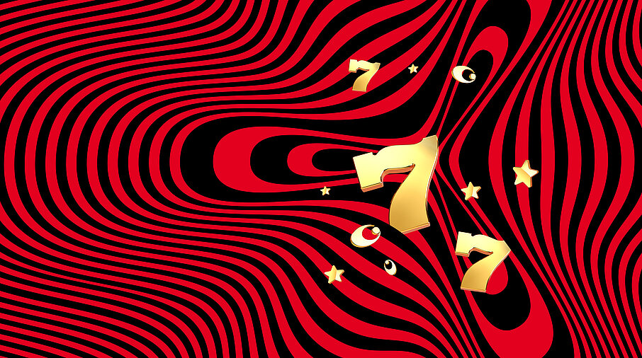 Goldene Zahl 7 auf schwarz-rotem Hintergrund