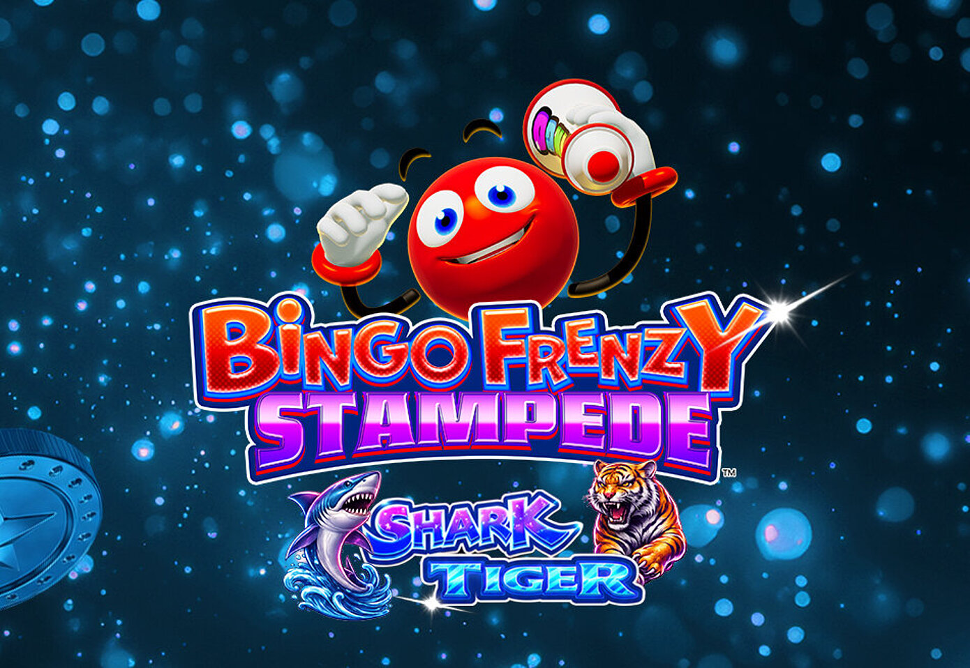 Automatenspiel Logo Bingo Frenzy auf dunkelblauem Hintergrund mit fliegenden Jetons