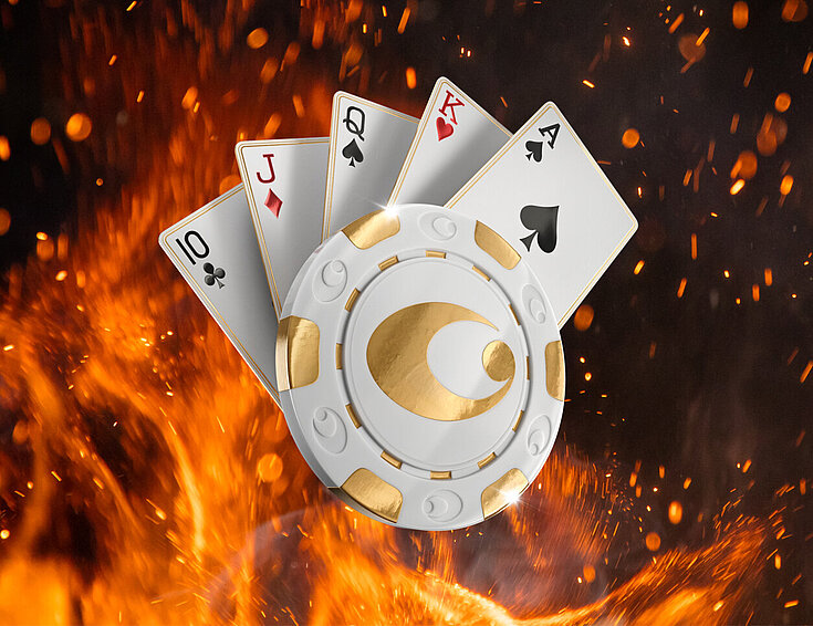 Pokerlogo Casinos Austria vor Feuerfunken Hintergrund