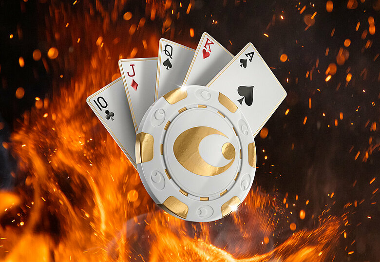 Pokerlogo Casinos Austria vor Feuerfunken Hintergrund