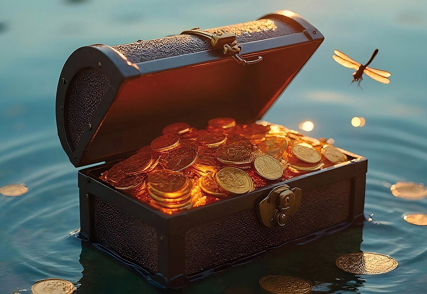Schatztruhe gefüllt mit Goldtalern schwimmt auf Wasser